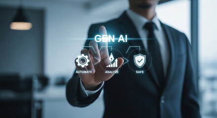 Future Trends in Artificial Intelligence Applications A man in a suit points to the “GEN AI” icon and its three sub-functions