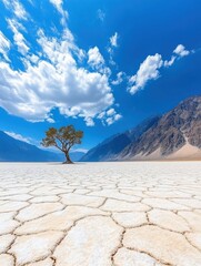 Lonely Tree on Salt Flat with Mountains