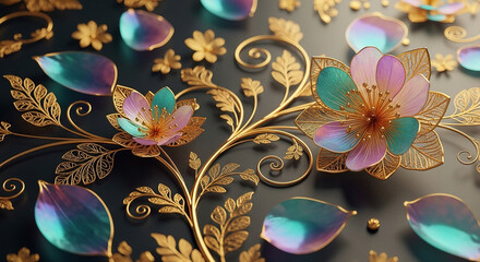 Intricate openwork leaves swirl and intertwine, while translucent petals fade into layers of purple, blue, and pink, unfolding against a deep obsidian backdrop