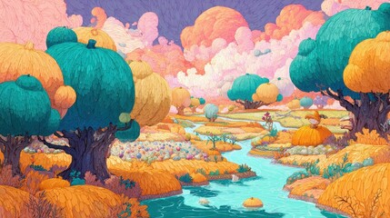 Whimsical Landscape with Vibrant Colors and a Flowing River.
