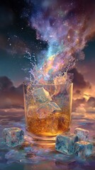 Whiskey Dreamscape - A Glass of Amber Liquid with Celestial Clouds.