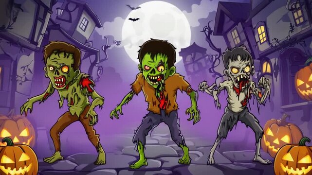 Cartoon illustration of three zombies walking in front of halloween pumpkins and buildings halloween green screen video
