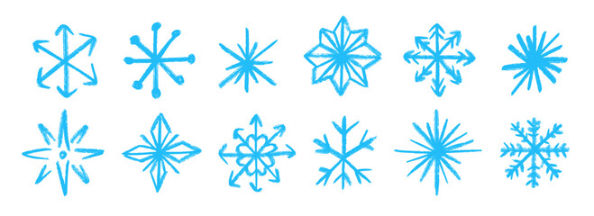 Blue doodle snowflakes set. Crayon hand drawn snow flake collection. Craft sparkle and crystal sketch elements for Christmas, New Year party, winter holiday decoration. Vector pastel chalk shape pack