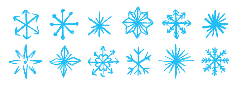 Blue doodle snowflakes set. Crayon hand drawn snow flake collection. Craft sparkle and crystal sketch elements for Christmas, New Year party, winter holiday decoration. Vector pastel chalk shape pack