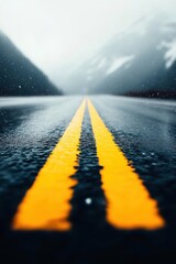 Yellow Road Lines on Wet Asphalt