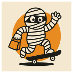 Halloween mummy skateboarding with trick-or-treat bag