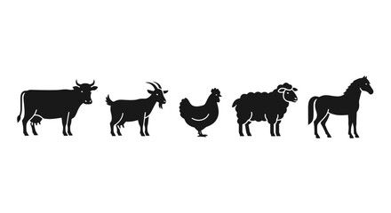 Farm Animal Silhouette Collection Featuring Cow, Goat, Chicken, Sheep, and Horse, Ideal for Agricultural Education Materials and Farm Themed Design Projects