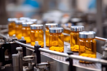 Pharmaceutical production line with jars of white tablets on automated conveyor belt in modern manufacturing facility