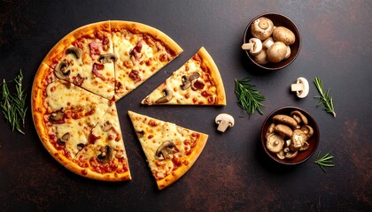 Overhead shot of a sliced mushroom and ham pizza with fresh mushrooms and rosemary sprigs