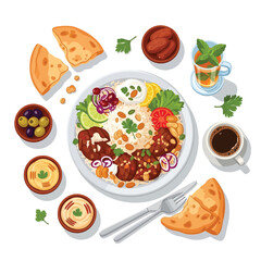 Overhead view of a Middle Eastern meal with pita bread, hummus, dates, tea, and coffee.