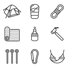 Tent equipment icon set. Thin line vectors. Contains icons such as pegs, tent lights, ropes, and more.