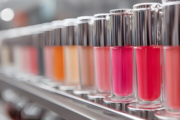 Rows of colorful metallic cosmetic bottles with shiny caps arranged in pattern, symbolizing beauty industry and product packaging design