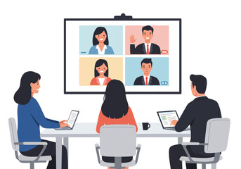 Illustration of team in office meeting via video conference on screen
