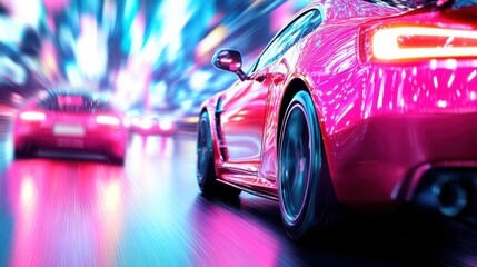 Red Sports Cars Racing on Neon City Street