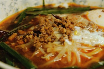 Tokyo, Japan - September 12, 2025: Closeup of oily ramen noodles or Dandan noodles