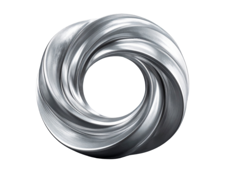 Intricate metallic swirl sculpture with central void isolated on transparent background PNG