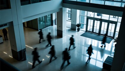 Blur of People Walking Through Modern Office Building Lobby