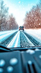 Car Driving on Snowy Winter Road