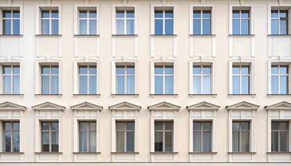 Fototapeta premium Cream-colored building facade with many evenly spaced rectangular windows