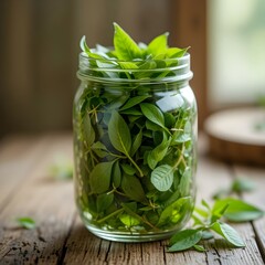 Close up of fresh green tea leaves in glass jar on wooden table, natural organic product concept, high quality stock image
