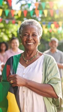 Senior African American woman smiles outdoors with family and flag at casual celebration in sunlight