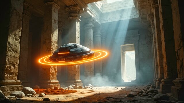 Retro architectural scene image of spaceship