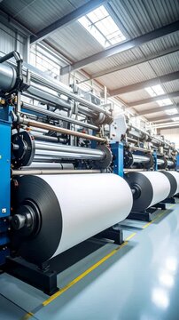 Paper manufacturing factory with large rolls of paper on a production line under a bright corrugated steel roof structure, automation industry