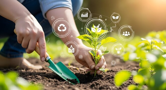 Innovative smart farming concept with digital technology icons overlaying a person planting a young sprout for sustainable agriculture - Powered by Adobe