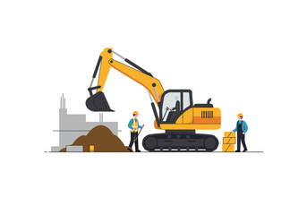 Construction Site with Excavator and Workers.