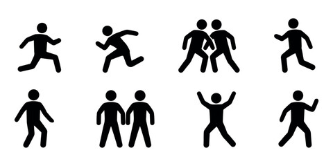 Minimal stickman sports activity icons vector – people in motion showing running, walking, exercising, dancing, and human athletic poses in black silhouettes