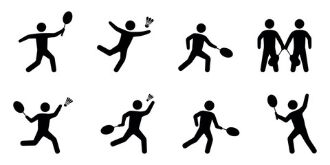 Stickman playing tennis icon set vector – collection of human figures in action poses showing racket sports activity, match, competition, training, and recreation