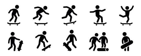 Stick figure skateboarding icon set vector – collection of dynamic human actions in black silhouettes showing sport, recreation, and extreme activity poses