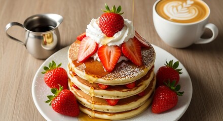 Delectable pancakes adorned with strawberries and generous drizzle of syrup