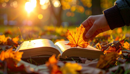 Slow living autumn style scene with warm sunlight open book fallen leaf peaceful outdoor reading relaxation nature
