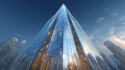 Modern Futuristic Architecture: Captivating Perspective of a Glass Skyscraper Against Blue Sky