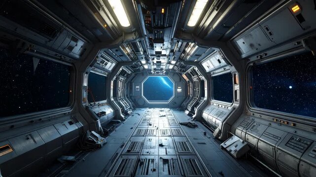 View of a galaxy seen from the window of a spaceship, the interior of a futuristic spacecraft with lights on the walls