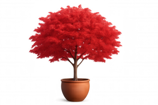 Vibrant red maple growing in terracotta container, positioned against clean white backdrop, ideal for graphic design and digital compositions