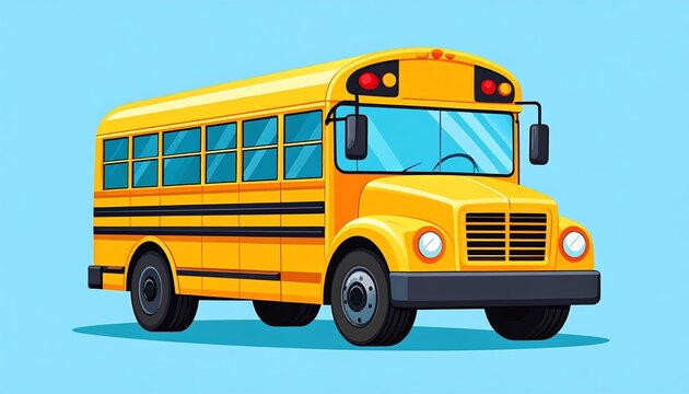 Cartoon school bus, bright yellow against light blue background