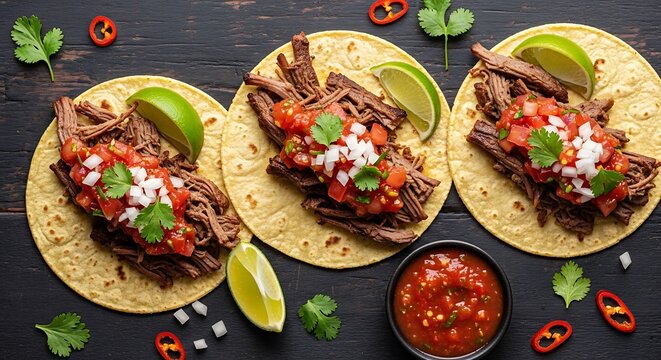 Delicious barbacoa tacos presented on a dark background ready to enjoy