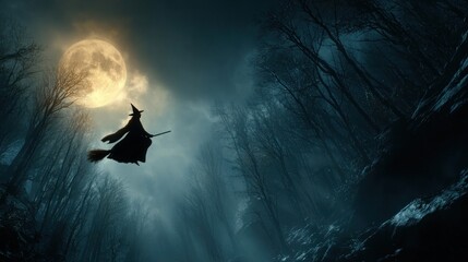 Fototapeta premium Witch flying on broomstick in a dark forest with full moon