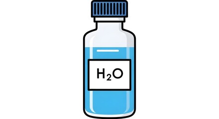Vector illustration of a transparent bottle filled with blue water, featuring the chemical formula H2O on a white label