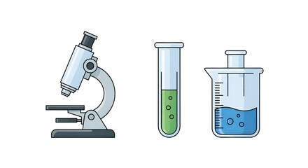 A flat vector illustration set of science laboratory equipment, including a microscope, test tube, and beaker for chemical research