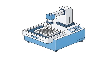 Isometric illustration of an automated laboratory robot for scientific research and high-throughput screening analysis