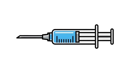 A medical syringe filled with blue vaccine fluid for an injection. Isolated vector graphic icon for healthcare, medicine, and science concepts