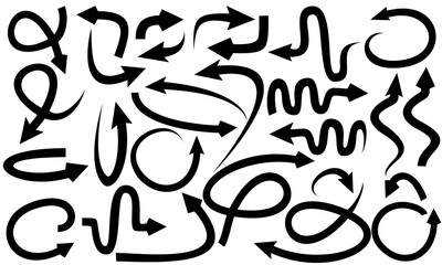 Collection of thick line doodles of curved, turning, rotating arrows and others, isolated on a white background, vector