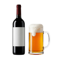 Bottle of red wine and a mug of beer isolated on transparent background