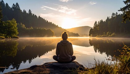 Person Meditating by Tranquil Lake at Sunrise, Capturing Serenity and Natural Beauty