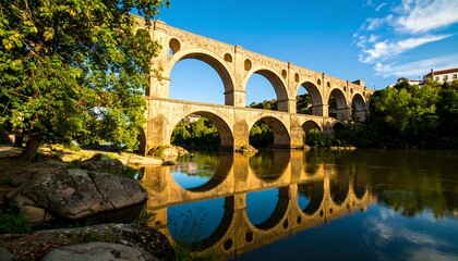 Fototapeta premium Stone arch bridge over a calm river, reflected perfectly