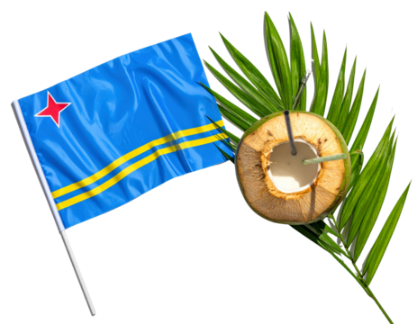Aruba Flag with Coconut Drink and Palm Leaves