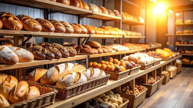 Abundant freshly baked breads displayed on wooden shelves in a bakery with diverse shapes, sizes, and textures for sale.